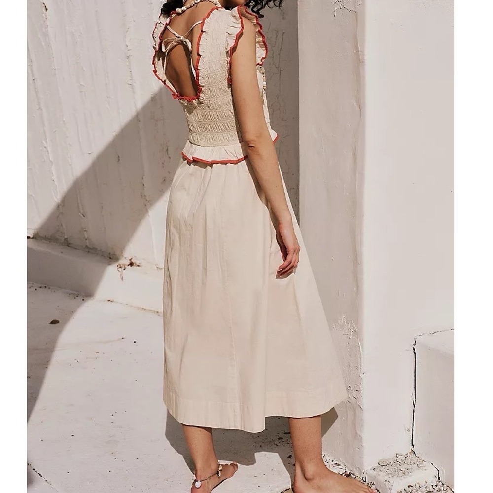Free People Smocked Ruffle Midi Dress Beige Orange Boho Cottagecore Pockets oo - Picture 2 of 9